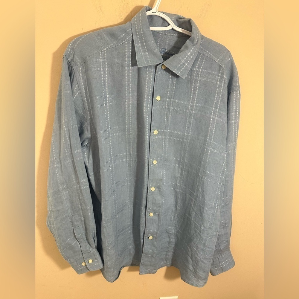 Tommy Bahama 100% Linen Button-Down Shirt soft blue monochromatic plaid size L
